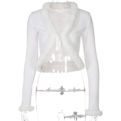 Cardigan Pluché de Encaje Ajustable con Mangas Largas en Color Sólido
