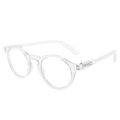 Round full-frame reading glasses with brown and clear striped pattern, featuring anti-blue light lenses. - Image 4