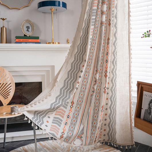 Boho cream cotton and linen curtain with tribal print in black and orange, featuring black fringe tassels. - Image 18