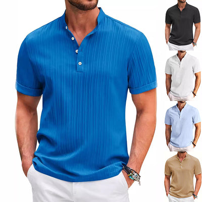 Polo Casual de Verano para Hombre - Cuello Mao, Manga Corta, Diseño a Rayas