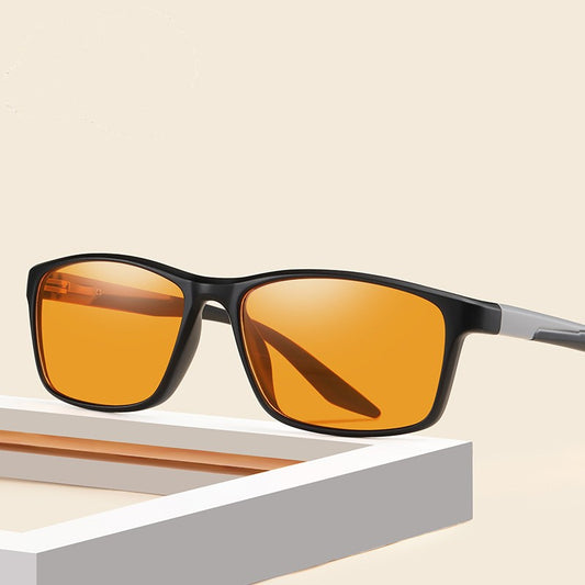 Matte black retro square frame anti-blue light glasses with orange lenses and gray temple accents.