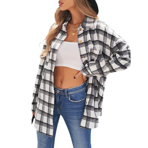Camisa Abrigo de Lana a Cuadros para Mujer - Manga Larga Casual