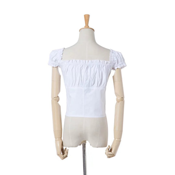 Blusa Retro con Mangas Abullonadas y Detalles de Madera para Mujer