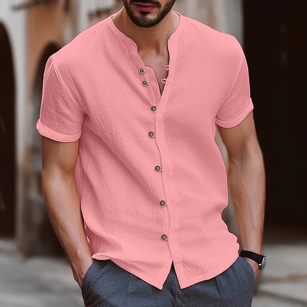 Camisa Retro de Algodón y Lino para Hombre con Botones - Manga Corta Casual