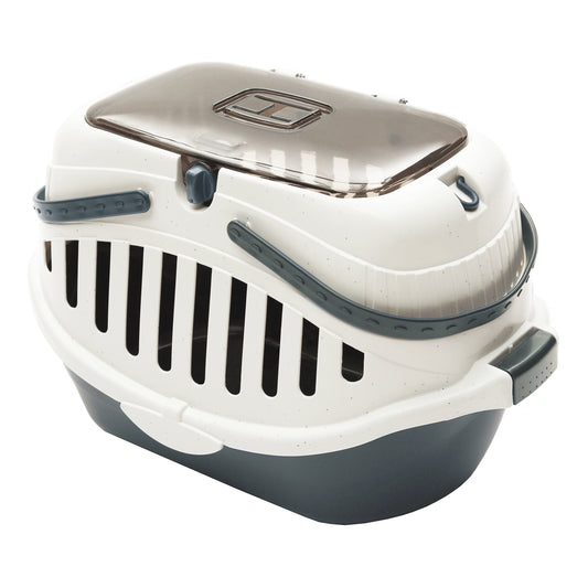 White and pink portable pet carrier with a transparent brown top, ventilation slots, and a sturdy handle.