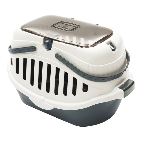 White and pink portable pet carrier with a transparent brown top, ventilation slots, and a sturdy handle.