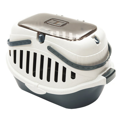 White and pink portable pet carrier with a transparent brown top, ventilation slots, and a sturdy handle.