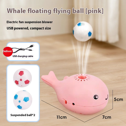 Pink whale-shaped electric fan suspension blower cat toy with two floating balls, powered by USB. - Image 6