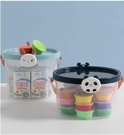 Two plastic storage buckets, one small and one large, with light blue bodies and orange lids featuring cartoon reindeer faces. - Image 13