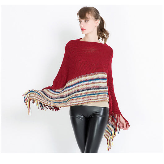 Poncho Pullover Jacquard a Rayas con Bloques de Color - Image 9