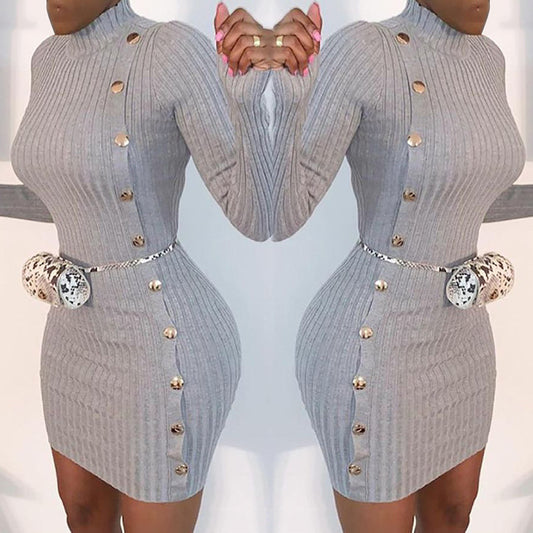 Vestido Elegante Ajustado de Manga Larga con Botón Único - Image 2