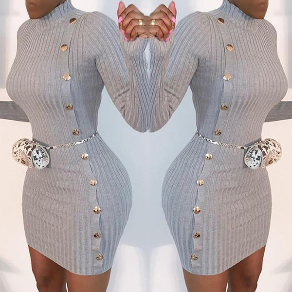 Vestido Elegante Ajustado de Manga Larga con Botón Único