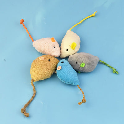 Blue plush mouse cat toy with a corduroy texture, beige ears, black eyes, and a braided rope tail. - Image 13