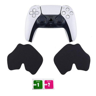 Black textured controller grips for PlayStation 5, shown with packaging and wet/dry wipes.