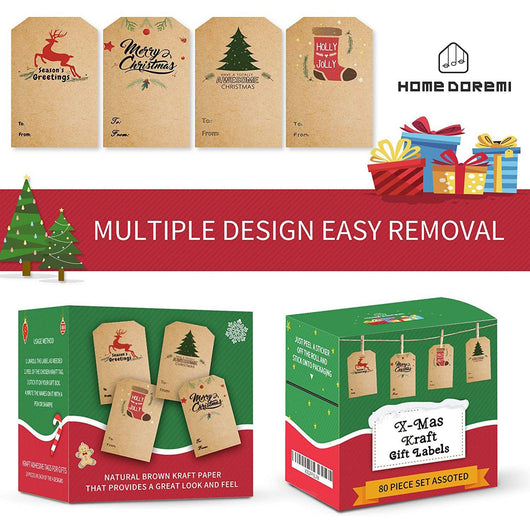 Kraft paper Christmas holiday gift sticker roll with various designs including reindeer, Christmas trees, and Merry Christmas text. - Image 5