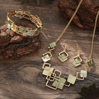 Conjunto de Aretes, Pulsera y Collar con Cuadrados Geométricos Pintados en Óleo - Image 3
