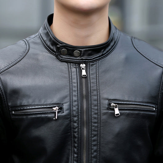 Chaqueta de Cuero PU Coreana Ajustada Cuello Mao - Image 11