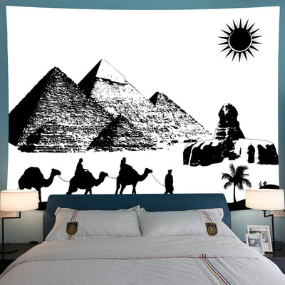 Black and white tapestry featuring a stylized sun with a face and large ocean waves with boats, inspired by Hokusai. - Image 3