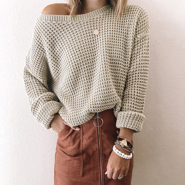 Suéter Tejido Suelto con Cuello Sesgado para Mujer - Otoño e Invierno