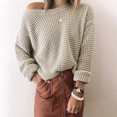 Suéter Tejido Suelto con Cuello Sesgado para Mujer - Otoño e Invierno