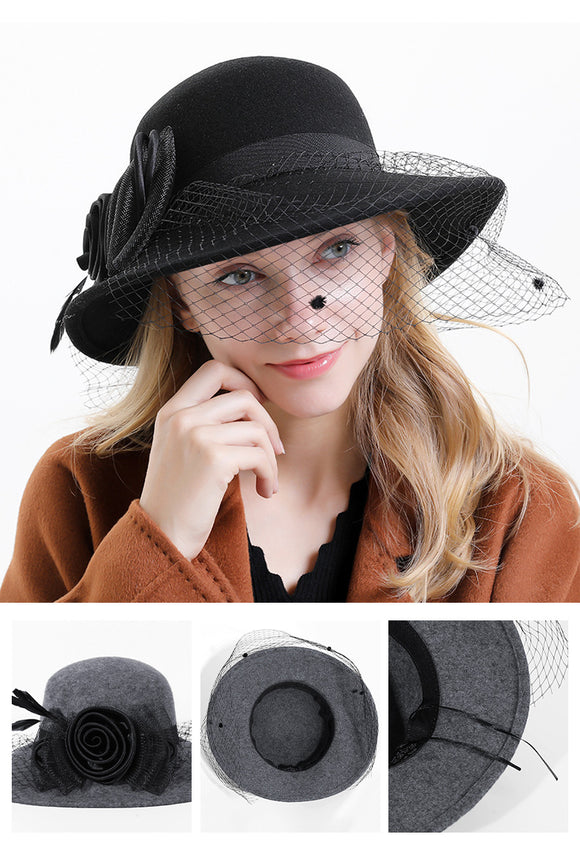 Sombrero de Lana Pura para Mujer con Encaje Floral y Ala Ancha
