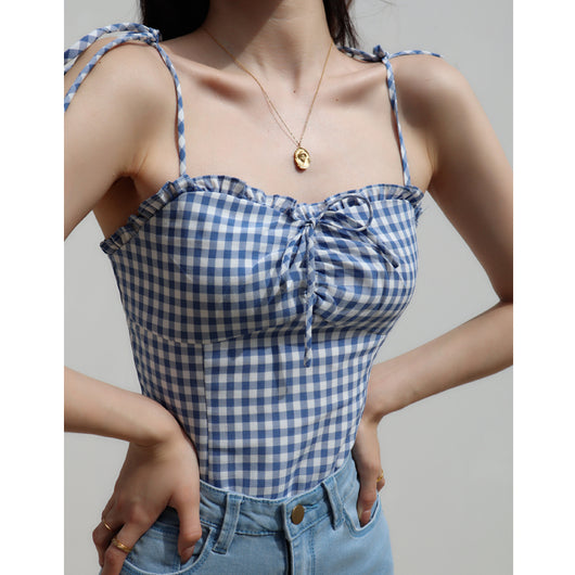Camiseta Mujer Cuadros Azul con Detalle Lateral - Image 10