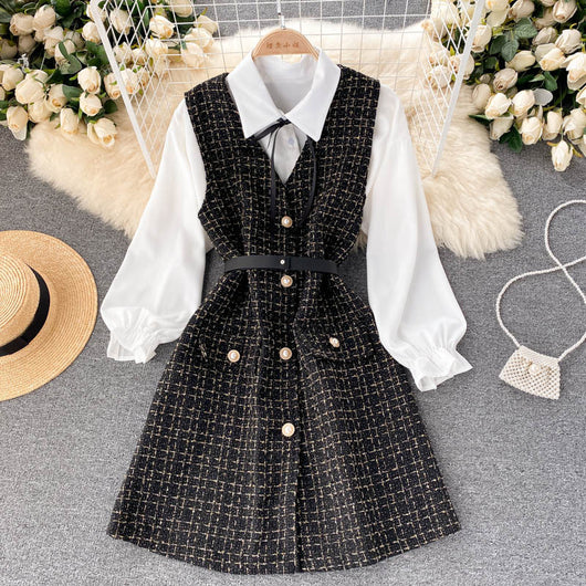 Vestido Houndstooth con Tirantes y Mangas Puff - Image 11