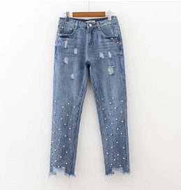 Jeans Denim Rotos con Detalles de Cuentas - Image 2