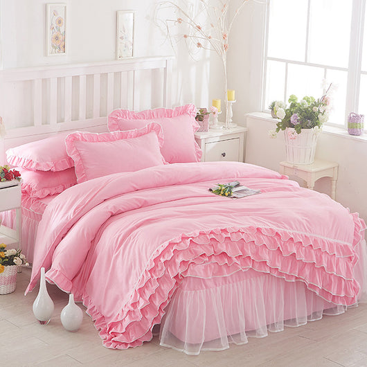 Juego de Cama Princesa con Encaje - Cubrecama Estilo Falda de Cama Cuatro Piezas Color Sólido - Image 14