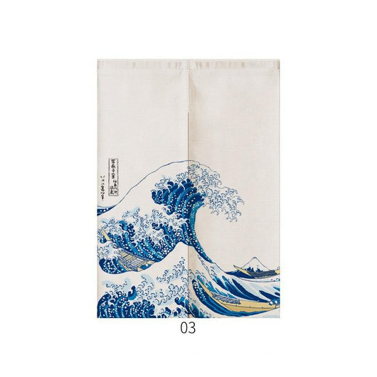 Japanese style noren door curtain with two red and blue Ukiyo-e koi fish on a cream wave pattern background. - Image 4
