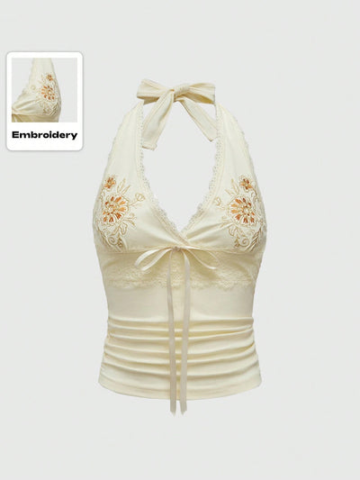 Chaleco Halter de Encaje Floral Bordado Ajustado y Estilizador - Image 5