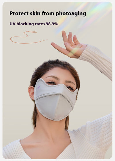 Woman wearing a grey outdoor cycling wind mask with ear hooks and a small heart logo, designed for cold-proof eye protection. - Image 14