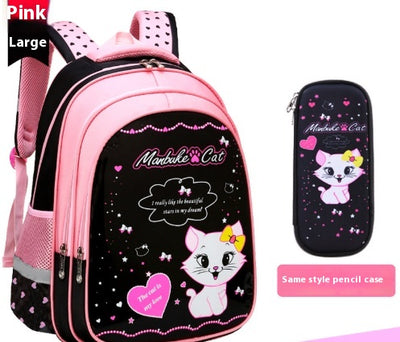 Kids black and pink backpack with a cute white cat print, paired with a matching lunch bag. - Image 14