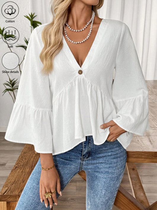 Blusa Cuello V con Mangas Volantes en Colores Sólidos - Image 6