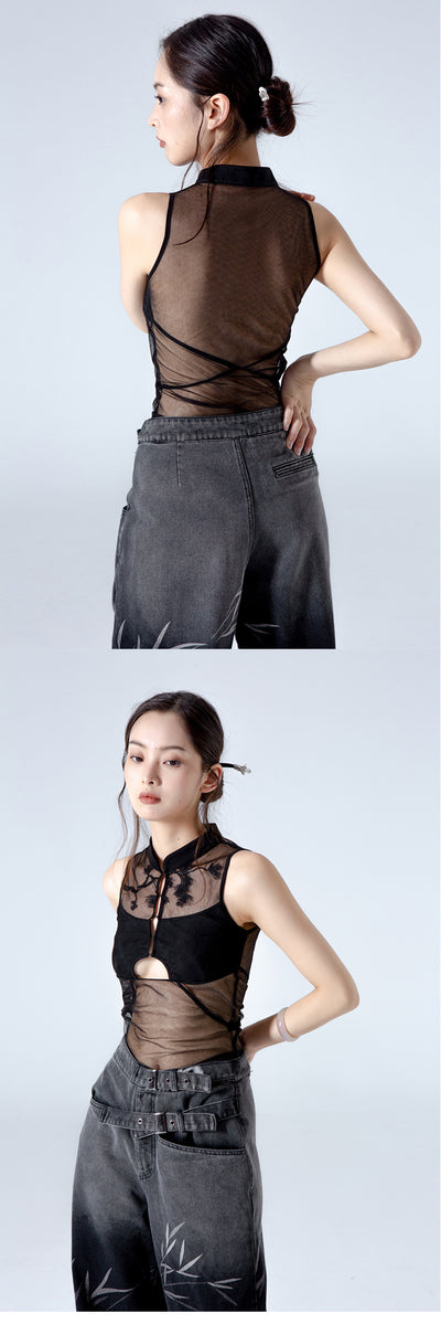 Blusa Negra de Gasa con Bordado Hueco Estilo Chino en Pino y Ciprés - Image 11