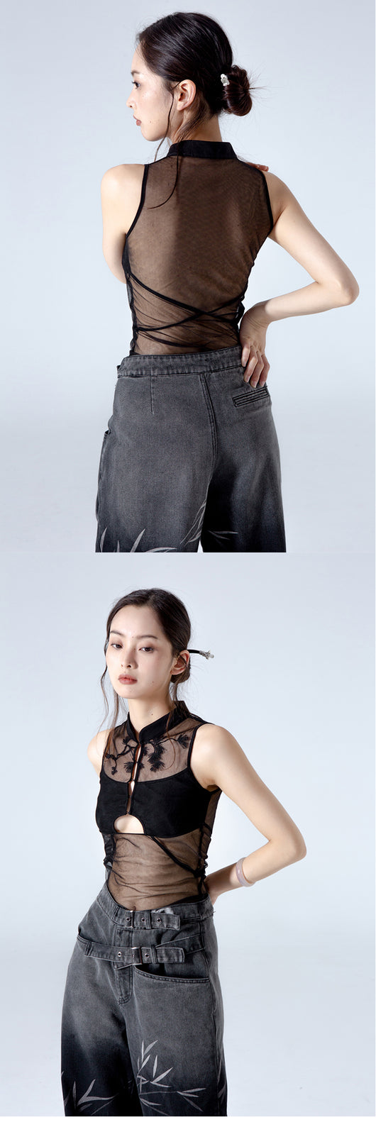 Blusa Negra de Gasa con Bordado Hueco Estilo Chino en Pino y Ciprés - Image 11