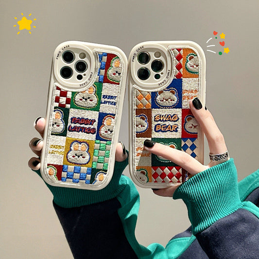Funda para Teléfono con Bordado de Osito y Conejito - Suave y Protectora