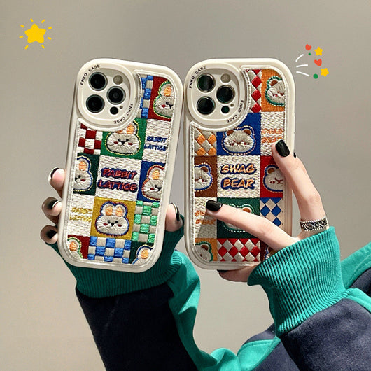 Funda para Teléfono con Bordado de Osito y Conejito - Suave y Protectora