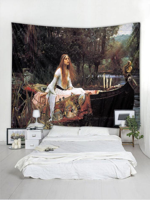 Lady of Shalott tapestry by John William Waterhouse, depicting a woman in a boat on a river, hanging above a bed.