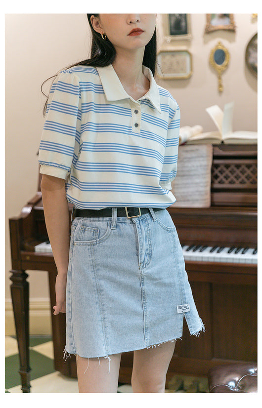 Camiseta Holgada de Algodón a Rayas con Cuello Solapa Estilo Coreano - Image 19
