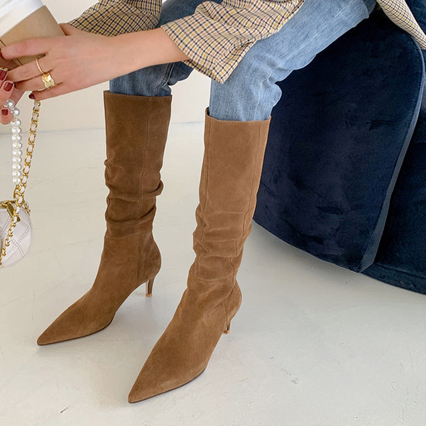 Botas de Ante Francés para Mujer Tacón Stiletto Marrón