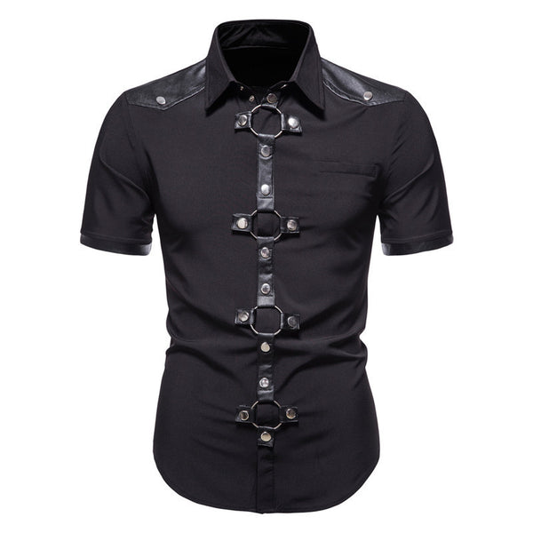 Camisa Gótica de Piel con Remaches y Parches para Hombre - Estilo Europeo Moderno