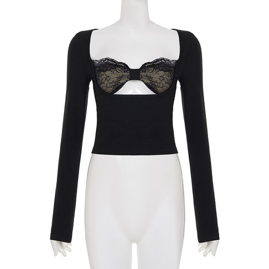 Blusa Larga con Panel de Encaje y Efecto Dos Piezas para Mujer - Image 9