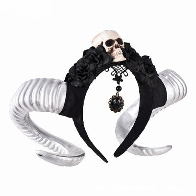 Diadema de Flores Negras con Velo, Calavera y Cuernos de Carnero - Image 2
