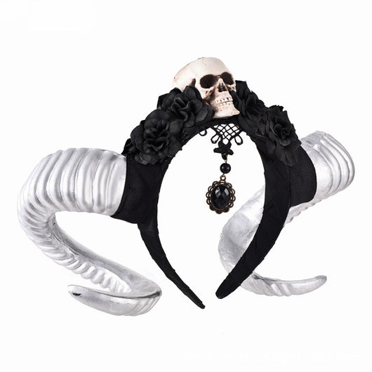Diadema de Flores Negras con Velo, Calavera y Cuernos de Carnero - Image 2