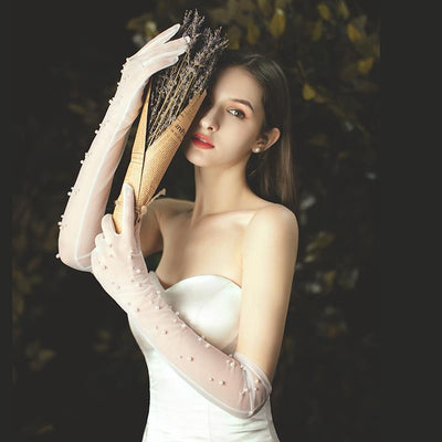 Guantes de Novia Malla de Perlas Blanco Elegante - Image 5