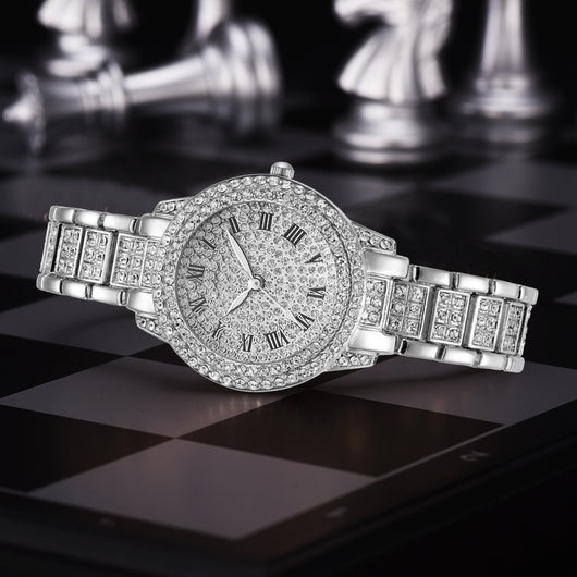 Juego de Reloj y Pulsera de Acero Inoxidable con Números Romanos y Diamantes - Image 11