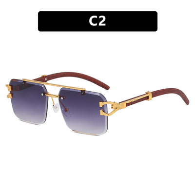 Pink gradient frameless square sunglasses with a double beam, gold-tone hardware, and dark wood-look temples. - Image 7