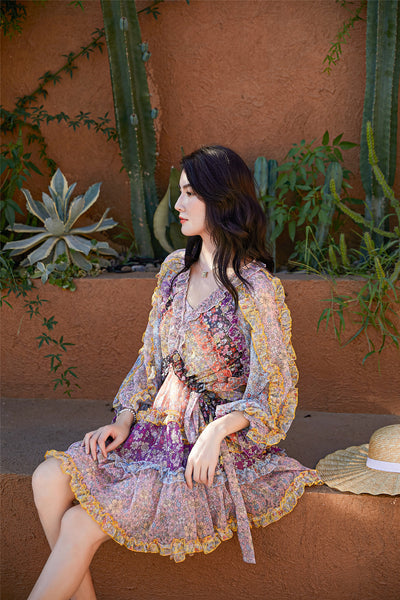Vestido Largo Floral con Cintura Ajustada y Mangas Farol - Image 11