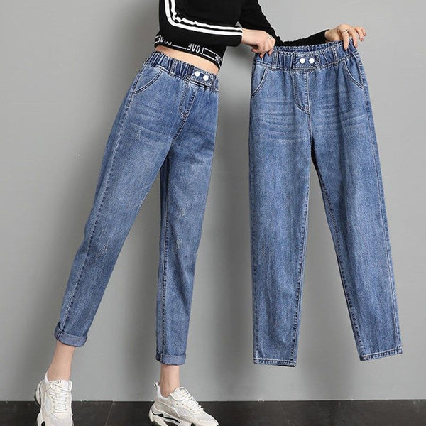 Pantalones Harem Rabanero de Cintura Alta con Rotos y Elástico Fino
